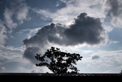 Silhouette of trees on field against cloudy sky