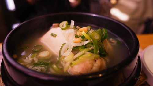 Close-up of served soup in bowl