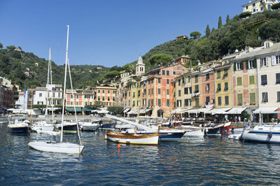13 september 2020 portofino, genova, italy panorama of portofino, a small italian fishing village.
