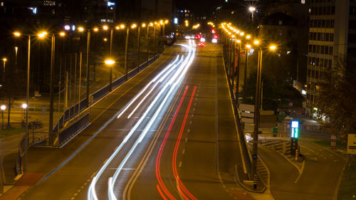 High angle view of light trails on city street