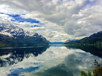 Scenic view of lake and mountains against sky