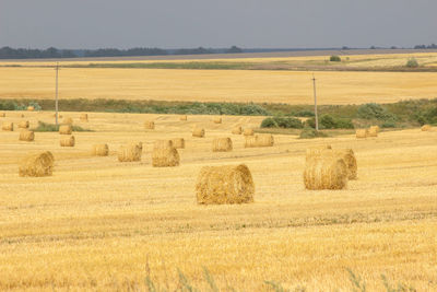 Hay bales on field against sky