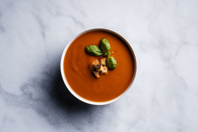 High angle view of soup in bowl on table