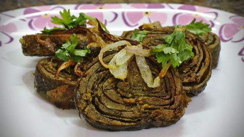 High angle view of food in plate