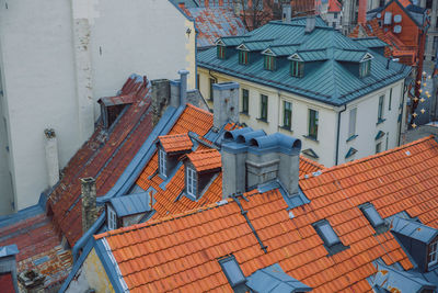 High angle view of working on roof of building