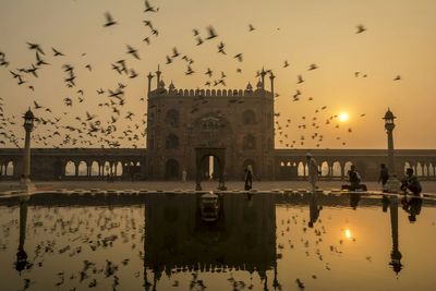 Flocks of birds flying by jama masjid against sky during sunset