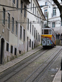 Train on railroad tracks by buildings in city