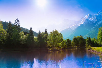 Scenic view of lake by trees against sky