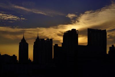 Silhouette of buildings against cloudy sky