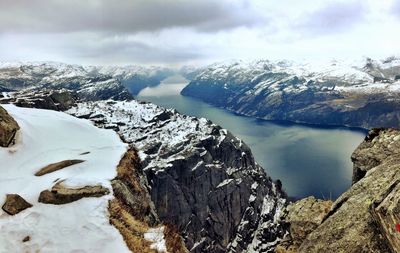 Lake along snow covered landscape