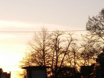 Low angle view of bare trees against sky at sunset