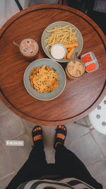 High angle view of food served on table