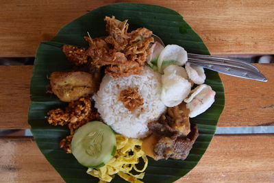 High angle view of food in plate on table