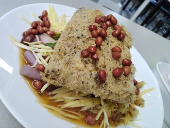 High angle view of breakfast served in plate