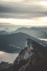 Scenic view of mountains against sky during sunset