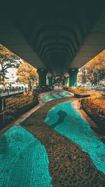 Empty swimming pool by building