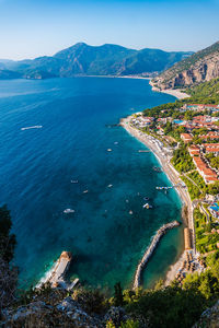 High angle view of bay and sea against sky