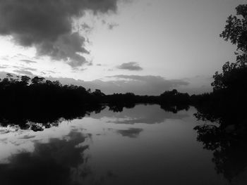 Reflection of trees in lake against sky