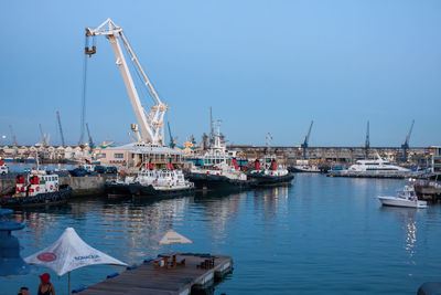 Sailboats moored at harbor