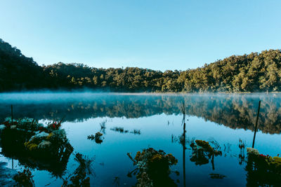 Scenic view of lake against clear blue sky