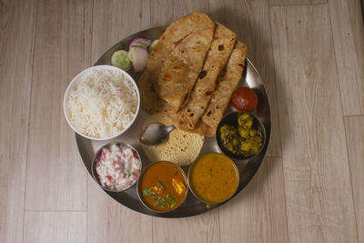 High angle view of food served on table