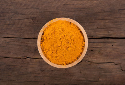Directly above shot of turmeric in bowl on wooden table