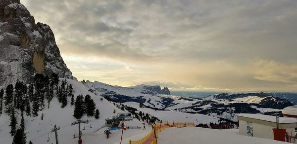 Scenic view of snowcapped mountains against sky during sunset