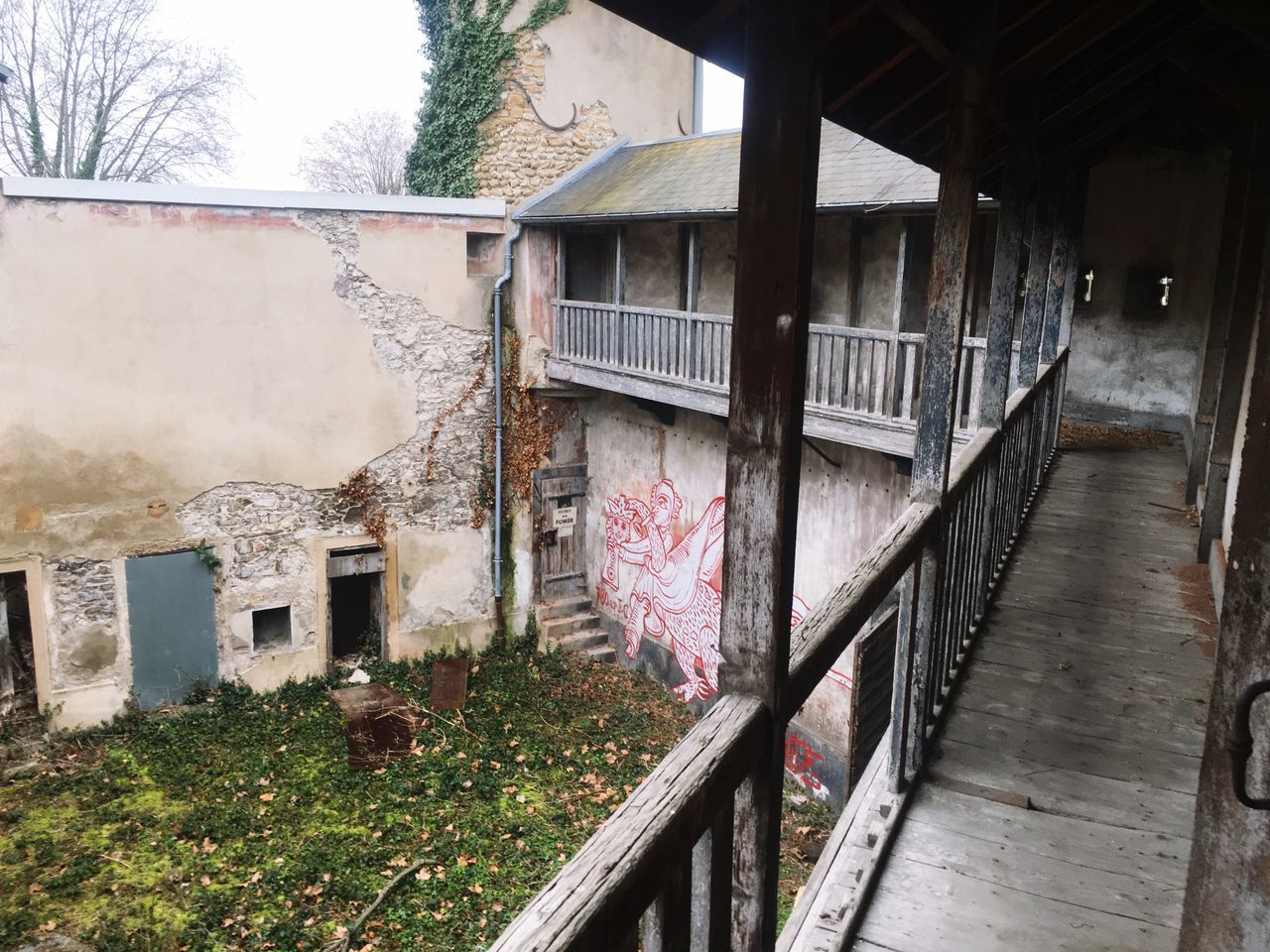 architecture, built structure, building exterior, house, abandoned, residential structure, window, plant, residential building, obsolete, old, day, damaged, building, railing, no people, deterioration, bad condition, graffiti, run-down