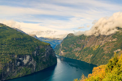 Scenic view of river amidst mountains against sky