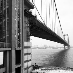 Bridge over river in city against sky