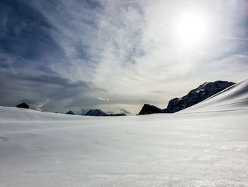 Scenic view of snow covered mountains against sky