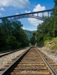 Railroad tracks by bridge against sky