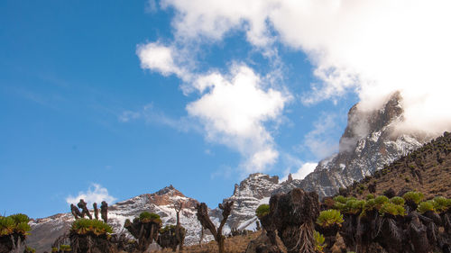 Low angle view of snowcapped mountains against sky