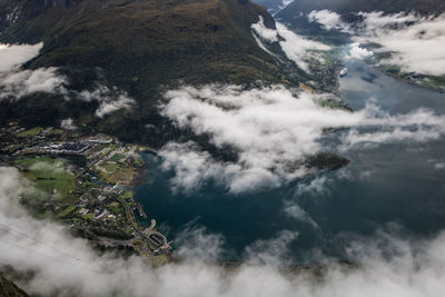 Aerial view of sea against cloudy sky