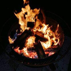Close-up of lit fire pit at night