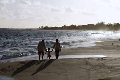 Rear view of friends walking on beach