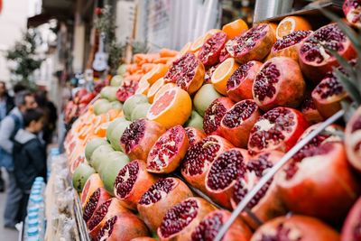 Close-up of fruits at market stall for sale