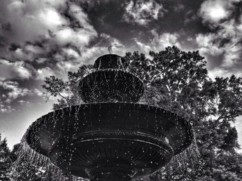 Low angle view of trees against cloudy sky