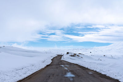 Scenic view of snow covered land against sky