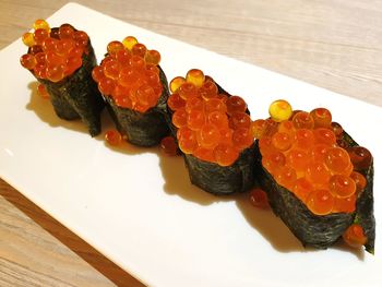 High angle view of sushi in plate on table