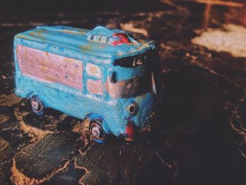 Close-up of abandoned toy car