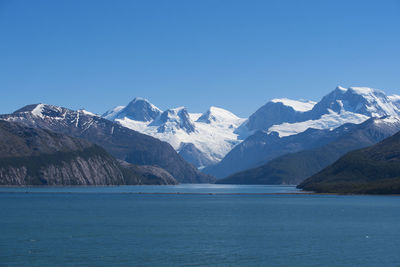 Scenic view of snowcapped mountains against clear blue sky