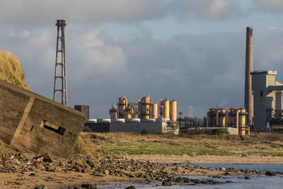 Factory on field against sky