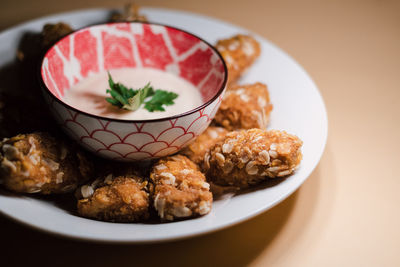 High angle view of food in plate on table
