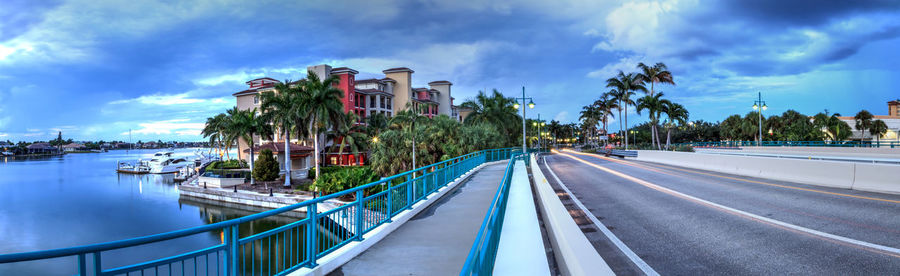 Panoramic view of palm trees by road against sky