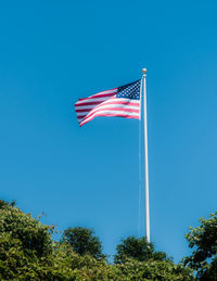 Low angle view of american flag against blue sky