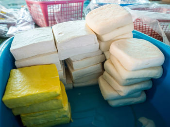 High angle view of bread on table at market