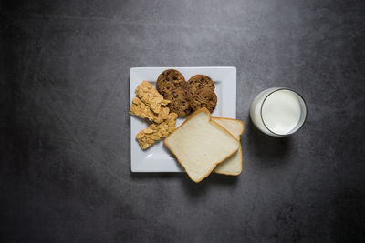 High angle view of breakfast on table