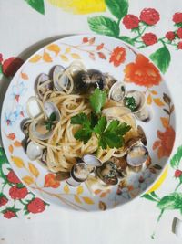 High angle view of fruits in plate on table