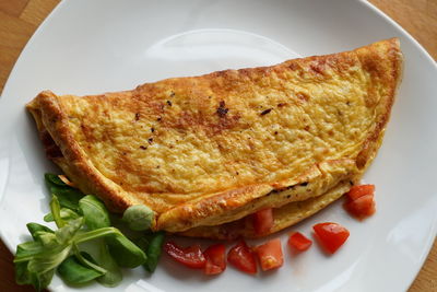 High angle view of breakfast in plate on table